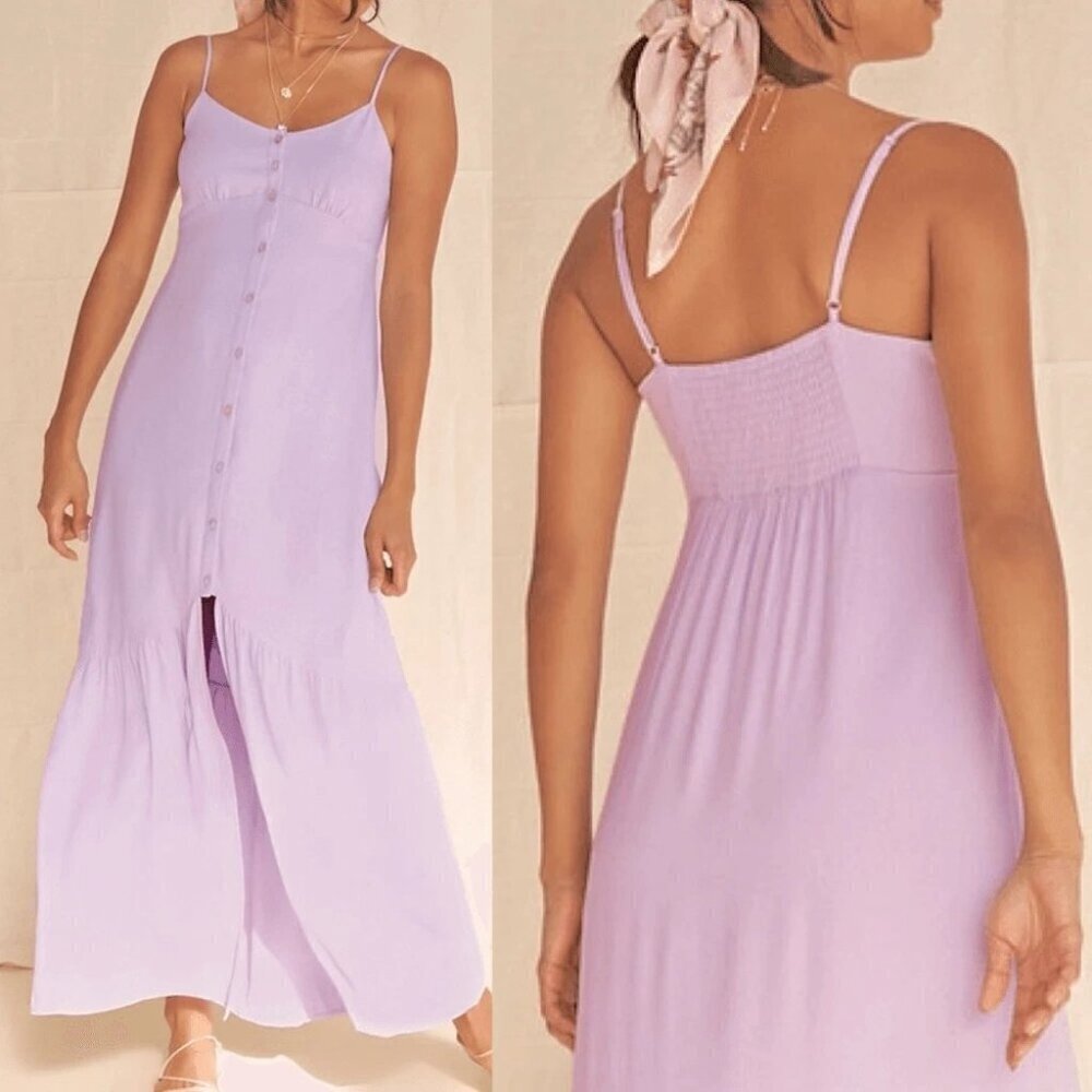Brand New Forever 21 Button Front High-Slit Maxi Dress 100% Rayon Ruffle Smocked